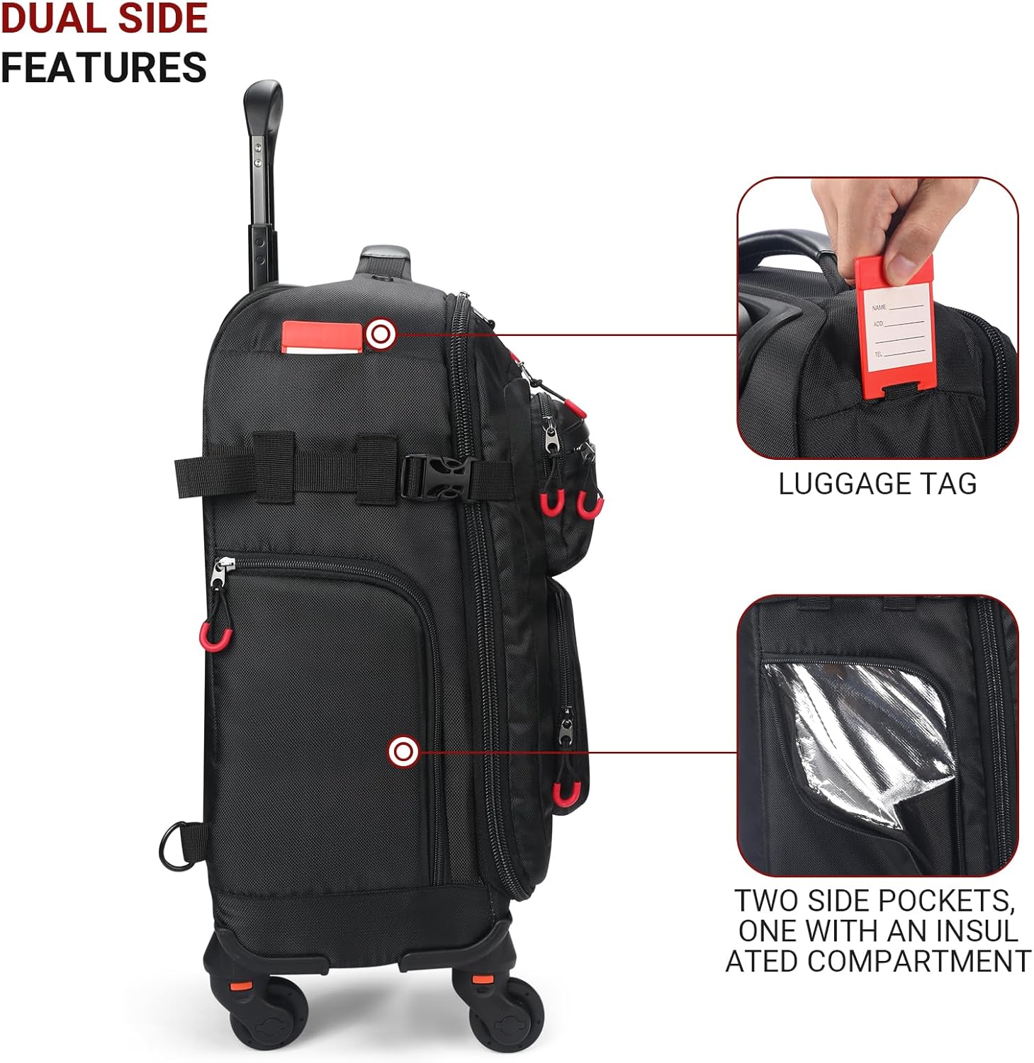 Rolling Backpack with Wheels – Airline Approved Underseat Carry-On Luggage 18x14x8, Water-Resistant Personal Item Bag with 2 Extra Replacement Wheels, Fits 15.6 Inch Laptop, Travel Backpack for Men