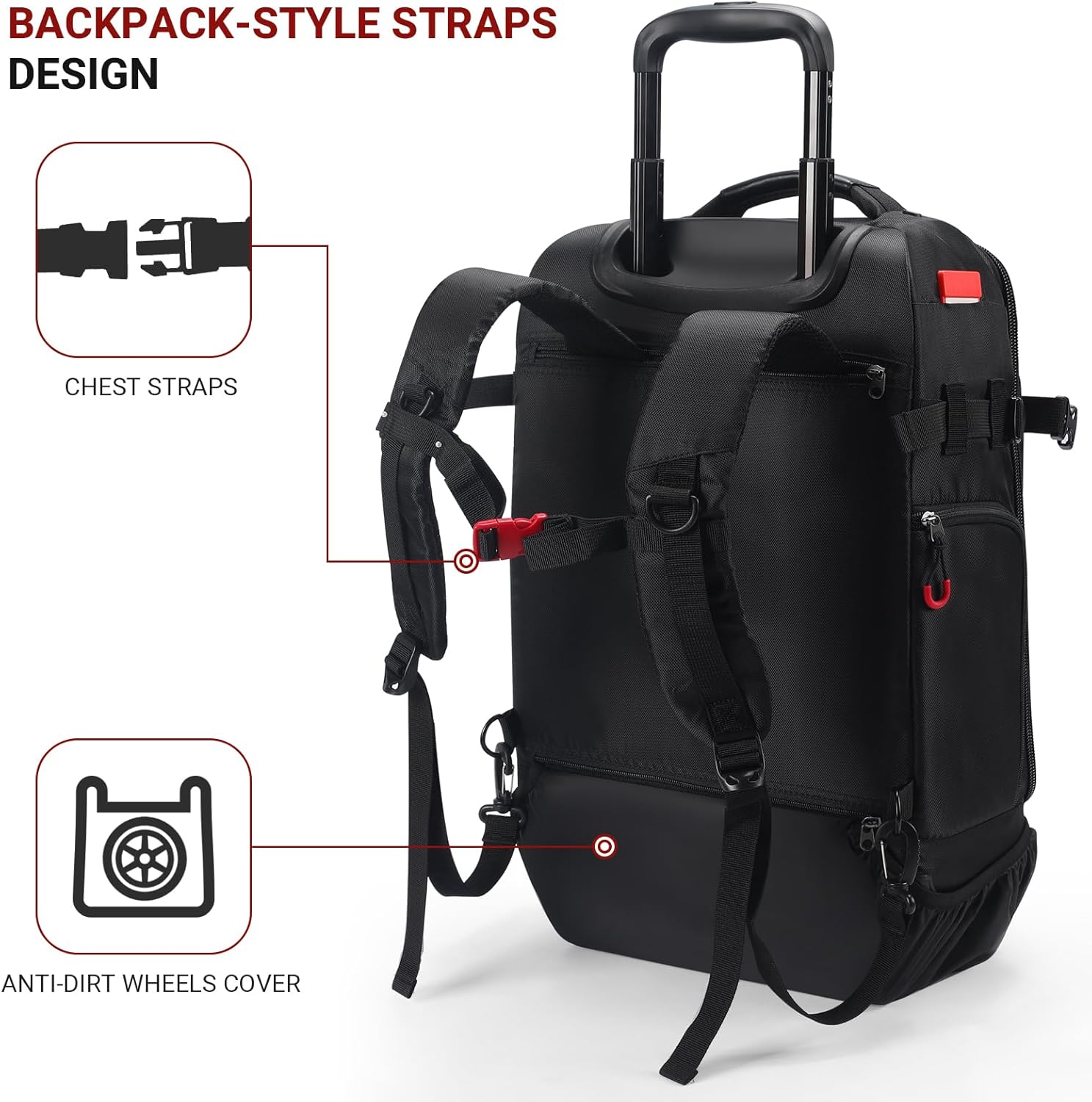 Rolling Backpack with Wheels – Airline Approved Underseat Carry-On Luggage 18x14x8, Water-Resistant Personal Item Bag with 2 Extra Replacement Wheels, Fits 15.6 Inch Laptop, Travel Backpack for Men