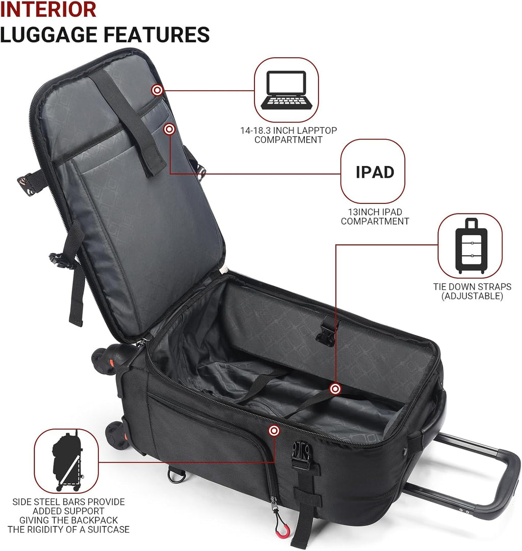 Rolling Backpack with Wheels – Airline Approved Underseat Carry-On Luggage 18x14x8, Water-Resistant Personal Item Bag with 2 Extra Replacement Wheels, Fits 15.6 Inch Laptop, Travel Backpack for Men