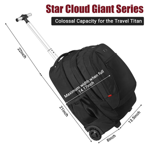 Star Cloud 21x14x8 Rolling Backpack for Adults with Wheels, Durable Wheeled Backpack with 17" Laptop Sleeve, Travel Carry-on Backpack with Wheels for Convenience