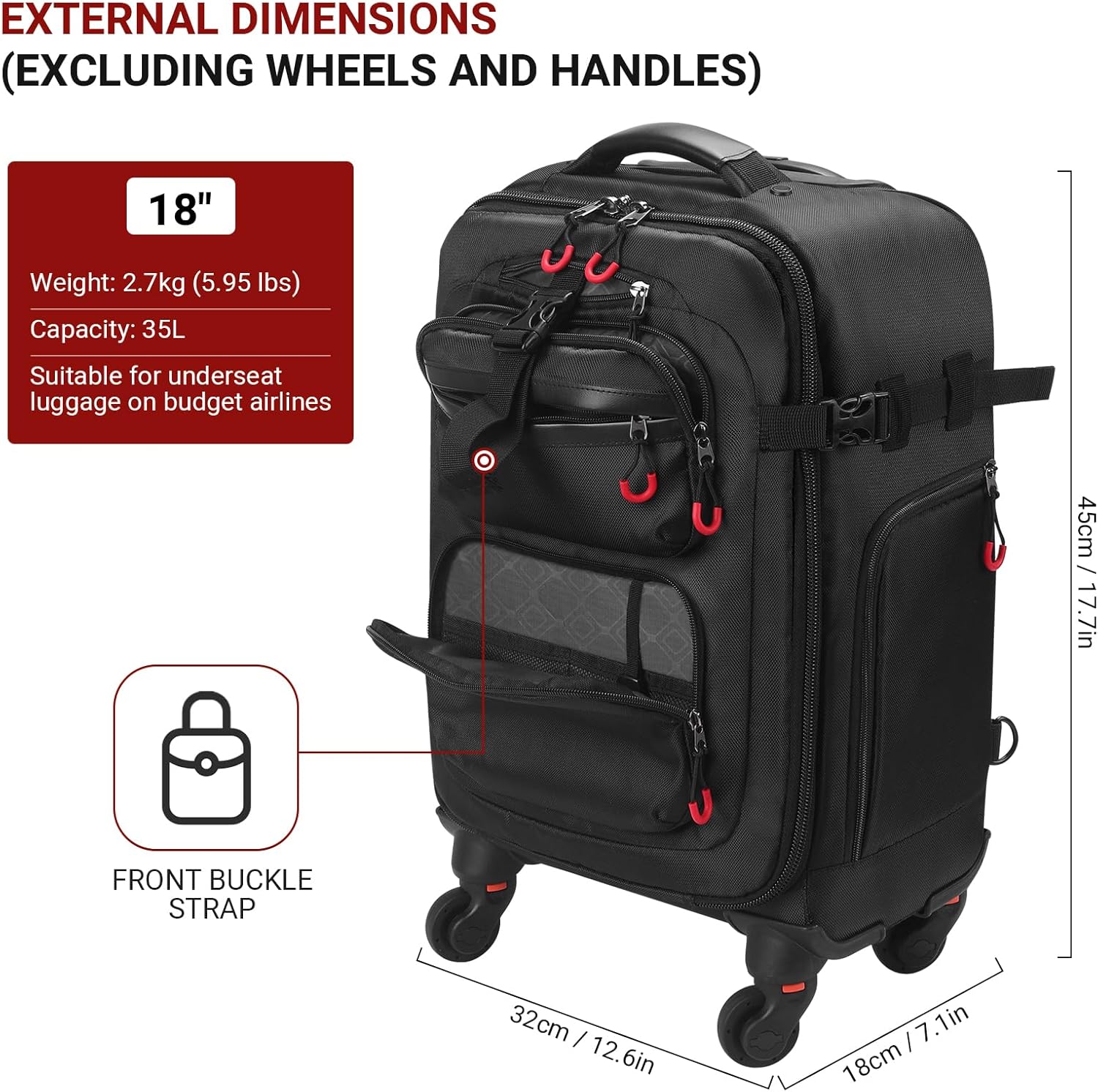Rolling Backpack with Wheels – Airline Approved Underseat Carry-On Luggage 18x14x8, Water-Resistant Personal Item Bag with 2 Extra Replacement Wheels, Fits 15.6 Inch Laptop, Travel Backpack for Men